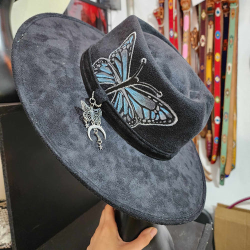 Blue Butterfly Skull Custom Hand Painted Sun Hat