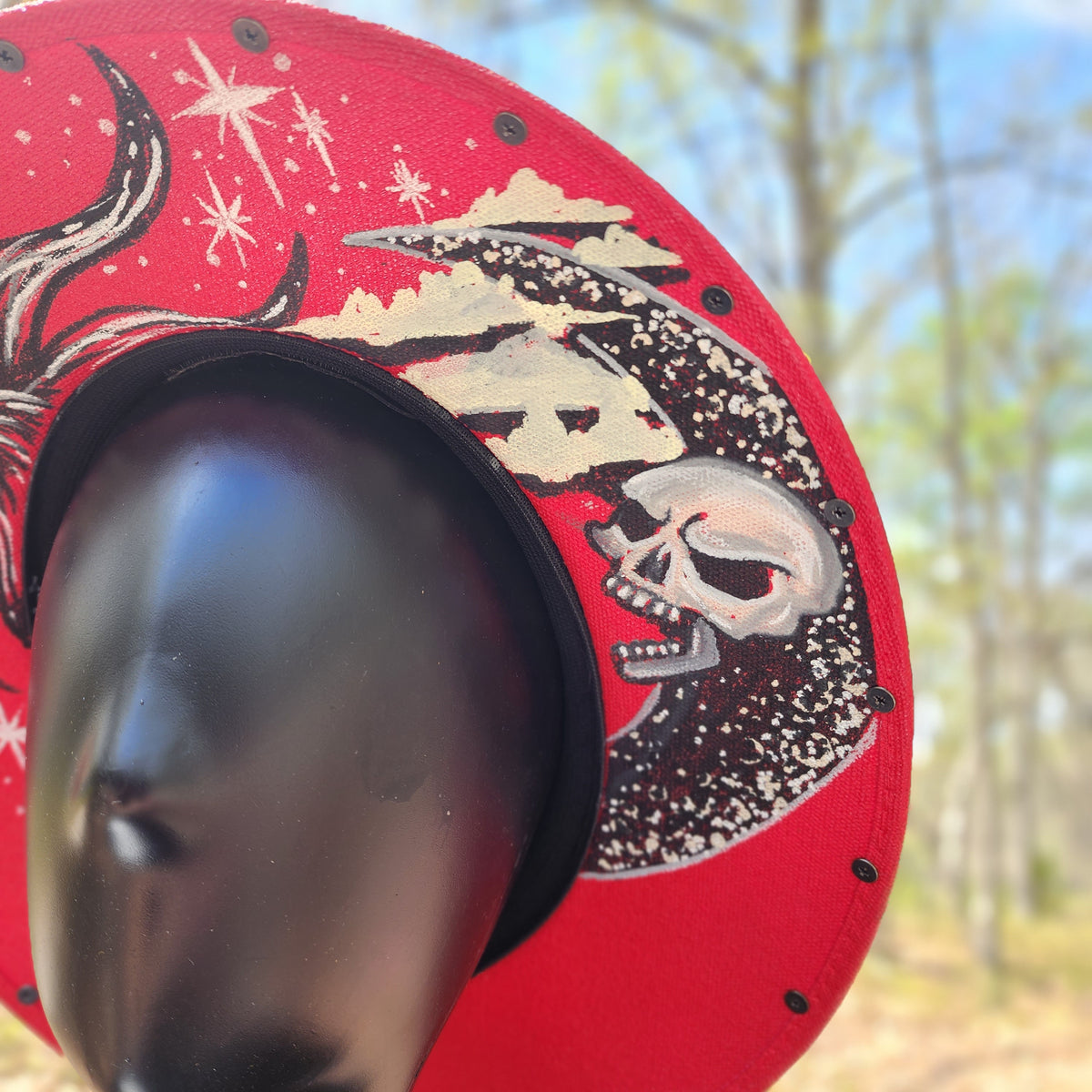 Red Studded Crawling Skeleton Goth Sun Hat THE PUNISHER! Created by hand. Worn and distressed Top Hat  main image 4