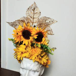 Sunflower Yellow Gold Floral Headpiece Crown Hat Headband Head Dress for Festival, Costume, Mardi Gras