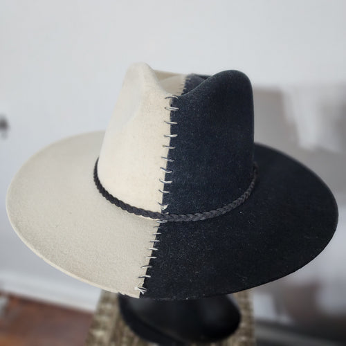 Black & White Wool Flat Brim Hat Half Stitching High Quality Size L