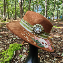 Skull & Floral Hand Painted Tan Vegan Suede Hat Large