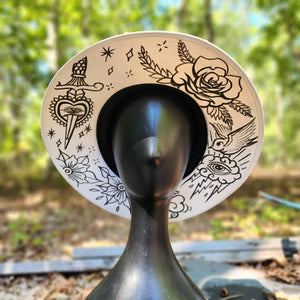 Traditional Tattoo Style White & Black Canvas Sun Hat Medium