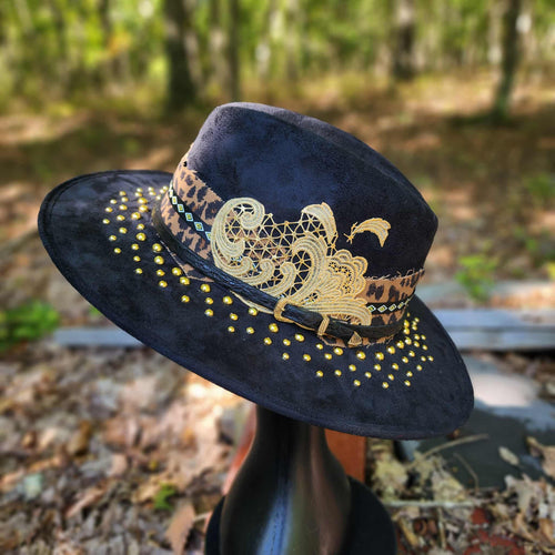 Golden Leopard Black Vegan Suede Hat Large