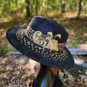 Golden Leopard Black Vegan Suede Hat Large