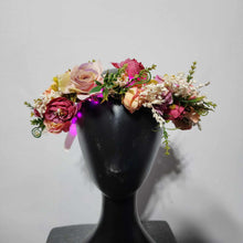 Cottagecore floral headband with roses, greenery, and light-up accents – bohemian bridal accessory