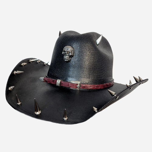 Y'allternative Western Outlaw Gothic Fashion Large Cowboy Hat Black Hard Canvas with Silver Studs Horns and Skull and a Red Brown Ostrich Leather Band