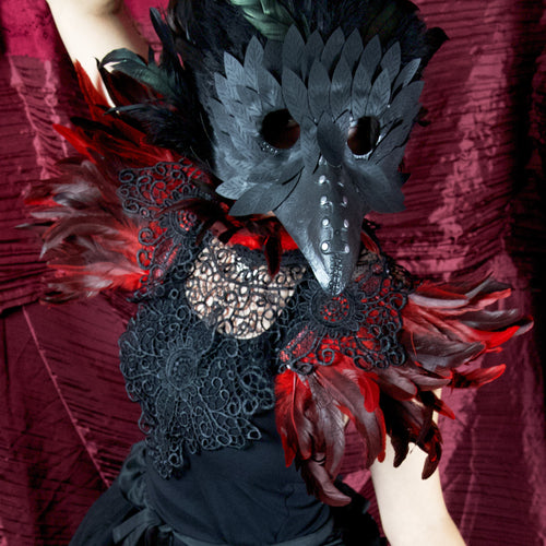 Raven Feather Lace Collar - Gothic Black & Red Costume Accessory