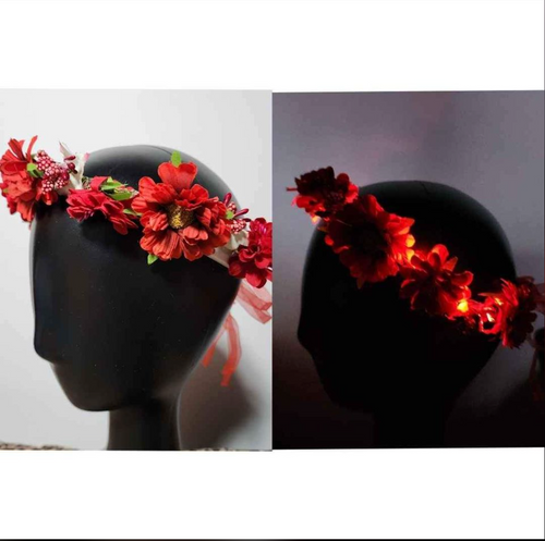 Light-Up Red Flower Crown Hair Wreath Costume Accessory for Festival, Rave, Renaissance Faire, Halloween, Easter