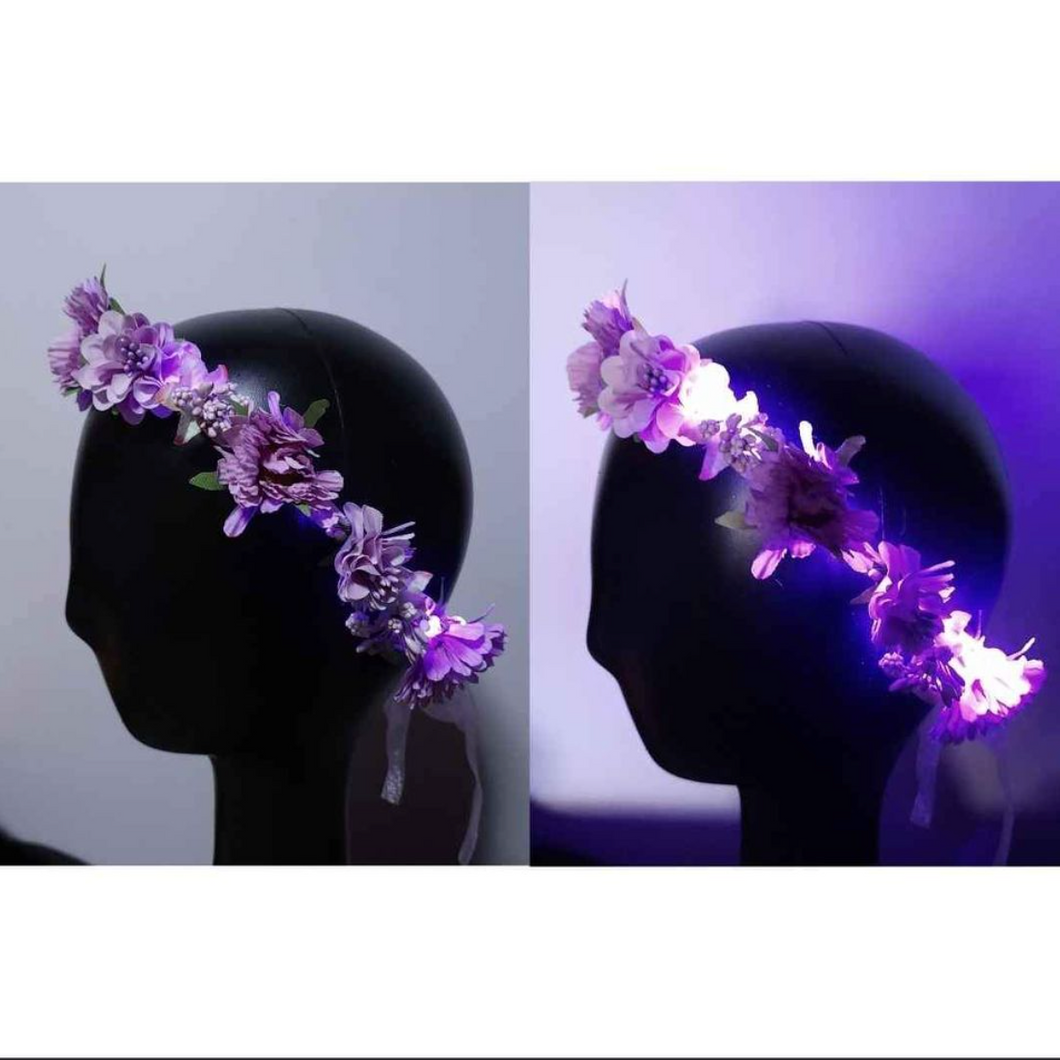Light-Up LED Purple Flower Crown Hair Wreath Costume Accessory for Festival, Rave, Renaissance Faire, Halloween, Easter - Buy from FreebirdRevolution.com