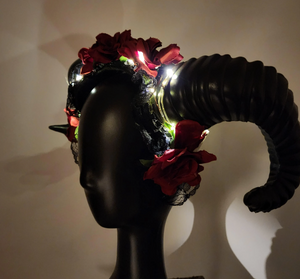 Ram Horn Demon Headband with Red Roses – LED Warm White Devil Costume Headdress