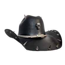 Y'allternative Western Outlaw Gothic Fashion Large Cowboy Hat Black Hard Canvas with Bone White Snake Leather Band and Silver Horns Skull and Spikes