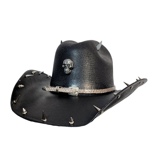 Y'allternative Western Outlaw Gothic Fashion Large Cowboy Hat Black Hard Canvas with Bone White Snake Leather Band and Silver Horns Skull and Spikes