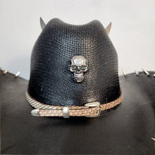 Y'allternative Western Outlaw Gothic Fashion Large Cowboy Hat Black Hard Canvas with Bone White Snake Leather Band and Silver Horns Skull and Spikes