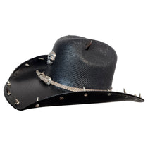 Y'allternative Western Outlaw Gothic Fashion Large Cowboy Hat Black Hard Canvas with Bone White Snake Leather Band and Silver Horns Skull and Spikes