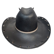 Y'allternative Western Outlaw Gothic Fashion Large Cowboy Hat Black Hard Canvas with Bone White Snake Leather Band and Silver Horns Skull and Spikes