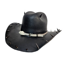 Y'allternative Western Outlaw Gothic Fashion Large Cowboy Hat Black Hard Canvas with Bone White Snake Head Leather Band and Gunmetal Horns Skull and Spikes