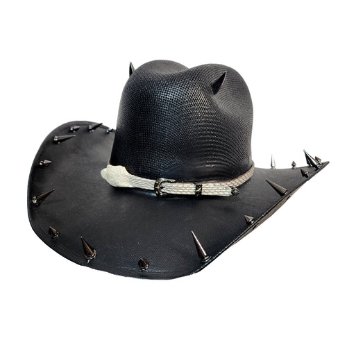 Y'allternative Western Outlaw Gothic Fashion Large Cowboy Hat Black Hard Canvas with Bone White Snake Head Leather Band and Gunmetal Horns Skull and Spikes