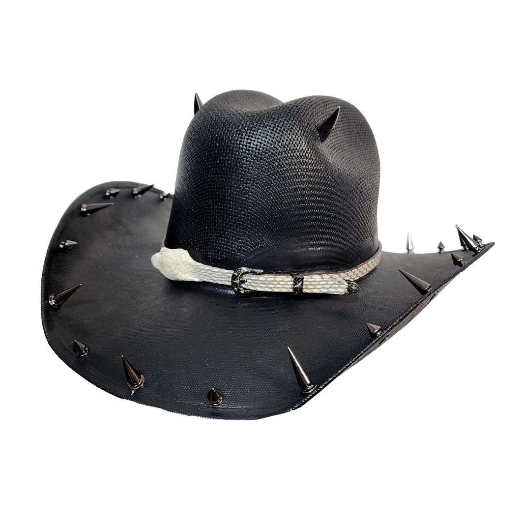 Y'allternative Western Outlaw Gothic Fashion Large Cowboy Hat Black Hard Canvas with Bone White Snake Head Leather Band and Gunmetal Horns Skull and Spikes
