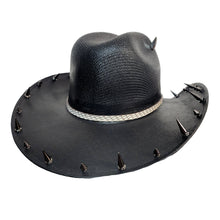 Y'allternative Western Outlaw Gothic Fashion Large Cowboy Hat Black Hard Canvas with Bone White Snake Head Leather Band and Gunmetal Horns Skull and Spikes