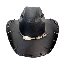 Y'allternative Western Outlaw Gothic Fashion Large Cowboy Hat Black Hard Canvas with Bone White Snake Head Leather Band and Gunmetal Horns Skull and Spikes