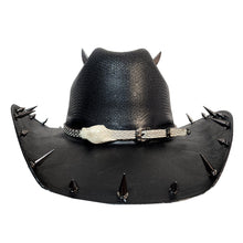 Y'allternative Western Outlaw Gothic Fashion Large Cowboy Hat Black Hard Canvas with Bone White Snake Head Leather Band and Gunmetal Horns Skull and Spikes
