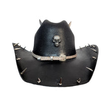 Y'allternative Western Outlaw Gothic Fashion Large Cowboy Hat Black Hard Canvas with Bone White Snake Leather Band and Silver Horns Skull and Spikes