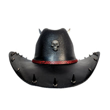 Y'allternative Western Outlaw Gothic Fashion Medium Cowboy Hat Black Hard Canvas with Red Snake Leather Band and Gunmetal Horns Skull and Spikes