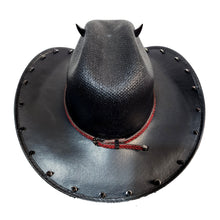 Y'allternative Western Outlaw Gothic Fashion Medium Cowboy Hat Black Hard Canvas with Red Snake Leather Band and Gunmetal Horns Skull and Spikes