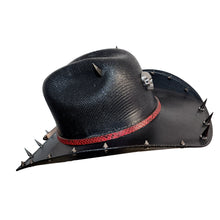 Y'allternative Western Outlaw Gothic Fashion Medium Cowboy Hat Black Hard Canvas with Red Snake Leather Band and Gunmetal Horns Skull and Spikes