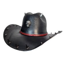 Y'allternative Western Outlaw Gothic Fashion Medium Cowboy Hat Black Hard Canvas with Red Snake Leather Band and Gunmetal Horns Skull and Spikes