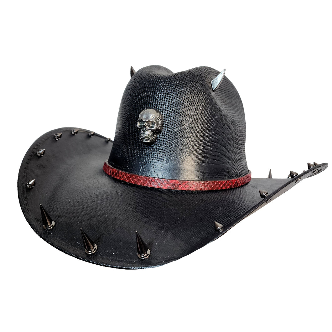 Y'allternative Western Outlaw Gothic Fashion Medium Cowboy Hat Black Hard Canvas with Red Snake Leather Band and Gunmetal Horns Skull and Spikes