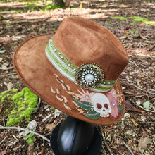 Skull & Floral Hand Painted Tan Vegan Suede Hat Large
