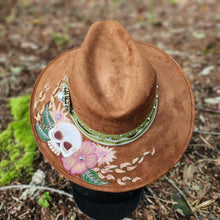 Skull & Floral Hand Painted Tan Vegan Suede Hat Large