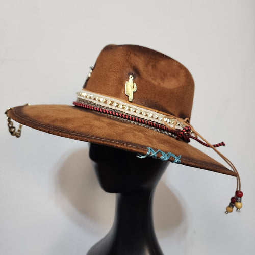 Desert Western Burned Vegan Suede Hat with Cactus