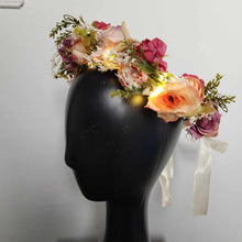 Boho floral headpiece with pink roses and glowing warm white LED lights – adjustable festival wreath