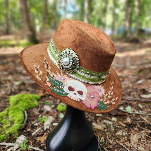 Skull & Floral Hand Painted Tan Vegan Suede Hat Large