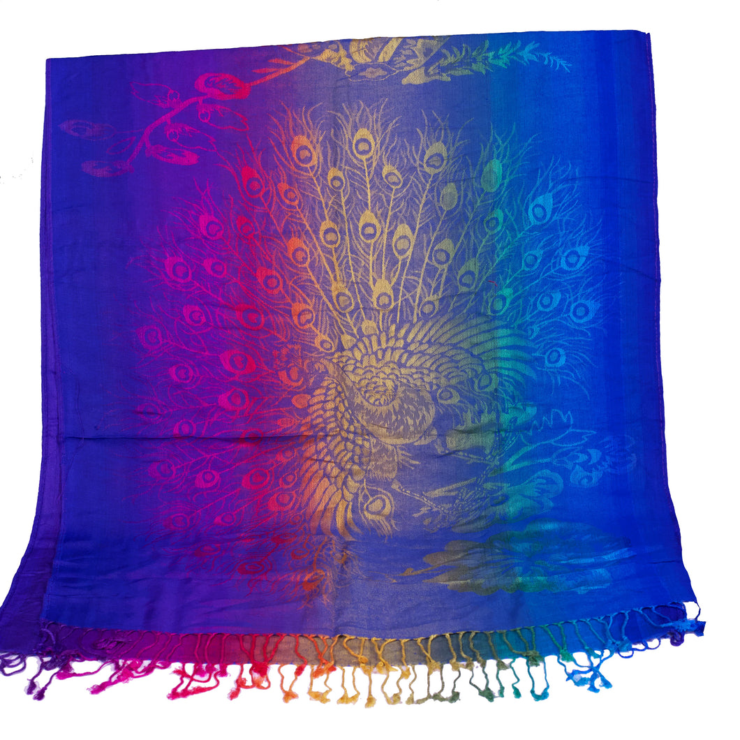 Rainbow Peacock Feathers Pashmina Scarf