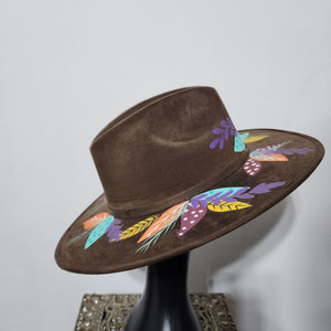 Brown Suede Hat with Leaves & Feathers