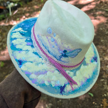 Celestial Fairy Cloud Hand-Painted Vegan Suede Sun Hat with Fairies, Clouds & Dreamy Sky Art