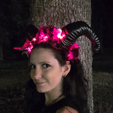 Ram Horn Demon Headband with Red Roses – LED Lights Devil Costume Headdress