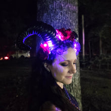 Ram Horn Demon Headband with Red Roses – LED Lights Devil Costume Headdress
