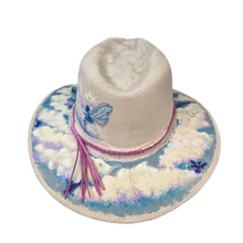 Celestial Fairy Cloud Hand-Painted Vegan Suede Sun Hat with Fairies, Clouds & Dreamy Sky Art