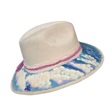 Celestial Fairy Cloud Hand-Painted Vegan Suede Sun Hat with Fairies, Clouds & Dreamy Sky Art