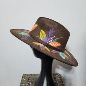 Brown Suede Hat with Leaves & Feathers