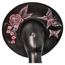 Gothic Sun Hat - Hand Painted Butterly Rose Black & Red (Damage Discount)