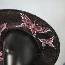 Gothic Sun Hat - Hand Painted Butterly Rose Black & Red (Damage Discount)