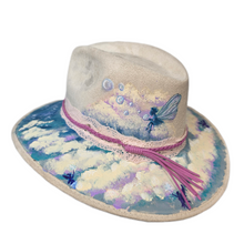 Celestial Fairy Cloud Hand-Painted Vegan Suede Sun Hat with Fairies, Clouds & Dreamy Sky Art