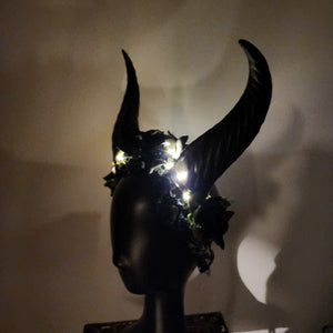 Krampus Pointy Straight Devil Demon Horn Headband Black Rose Flowers Costume Head Piece LED Light-Up