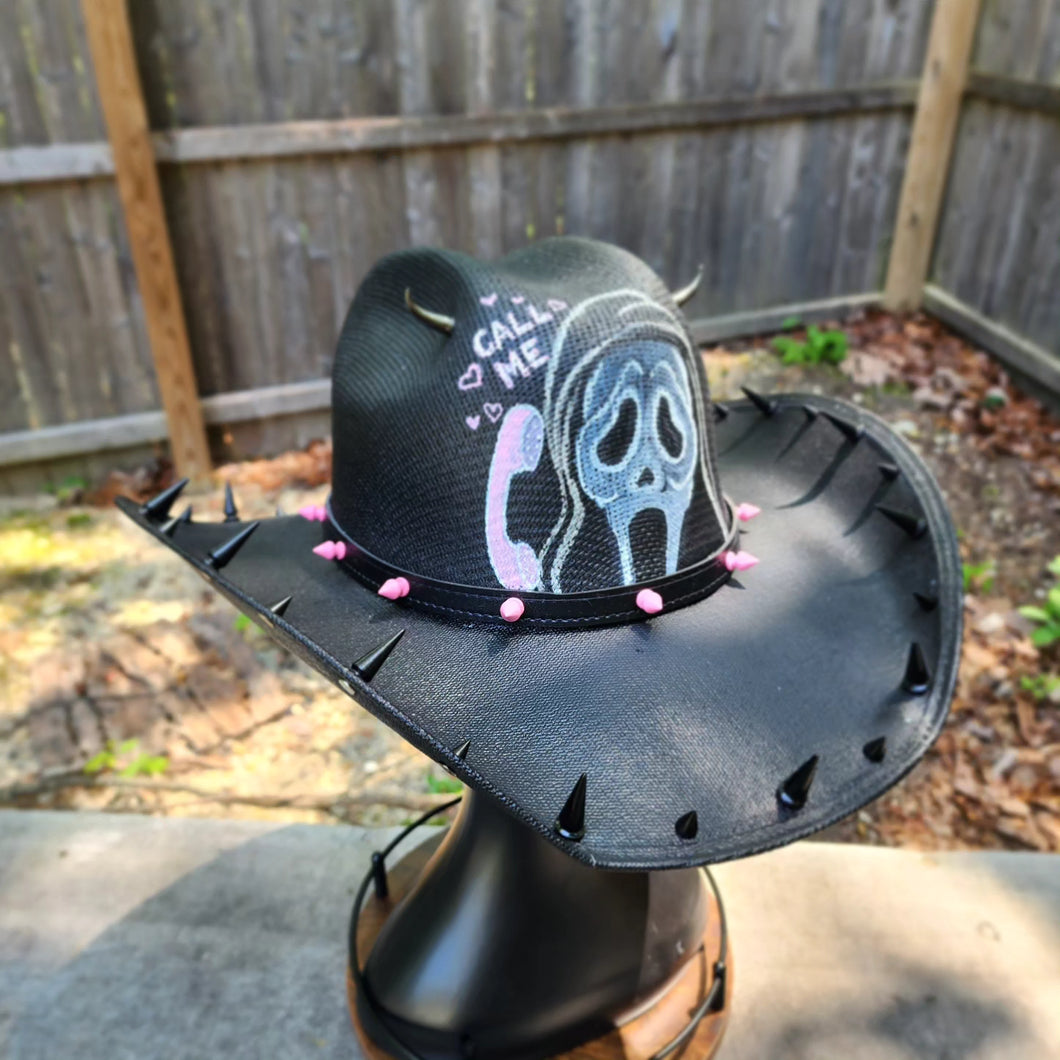 Ghostface Scream Call Me Inspired Horror Cowboy Hat Hand Painted with Black Spikes and Horns