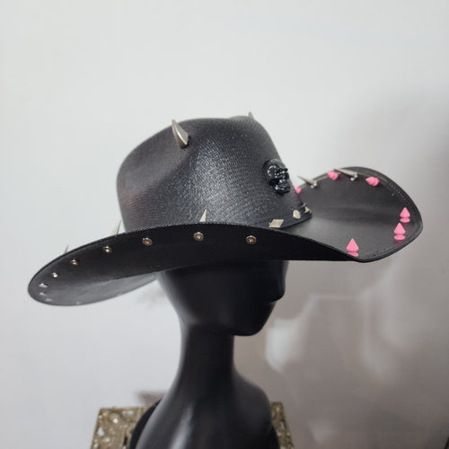 Studded Spiked Cowboy Hat Goth Punk Y'allternative Western Gothic Fashion Accesory Pink Studs Silver Horns